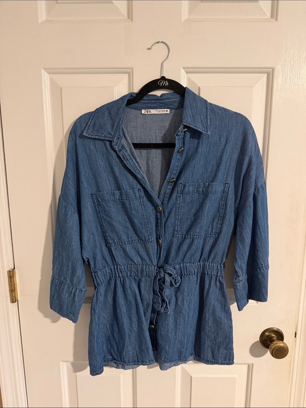 Zara Blue Chambray Drawstring Shirt Jacket